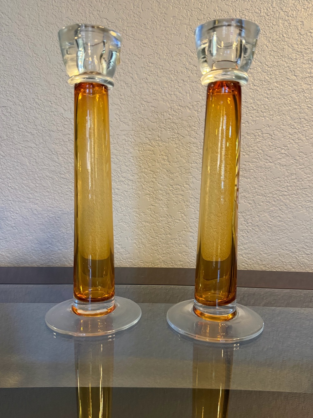 Mid-Century Modern Amber & Clear Column Glass Candlestick Holders 18/K